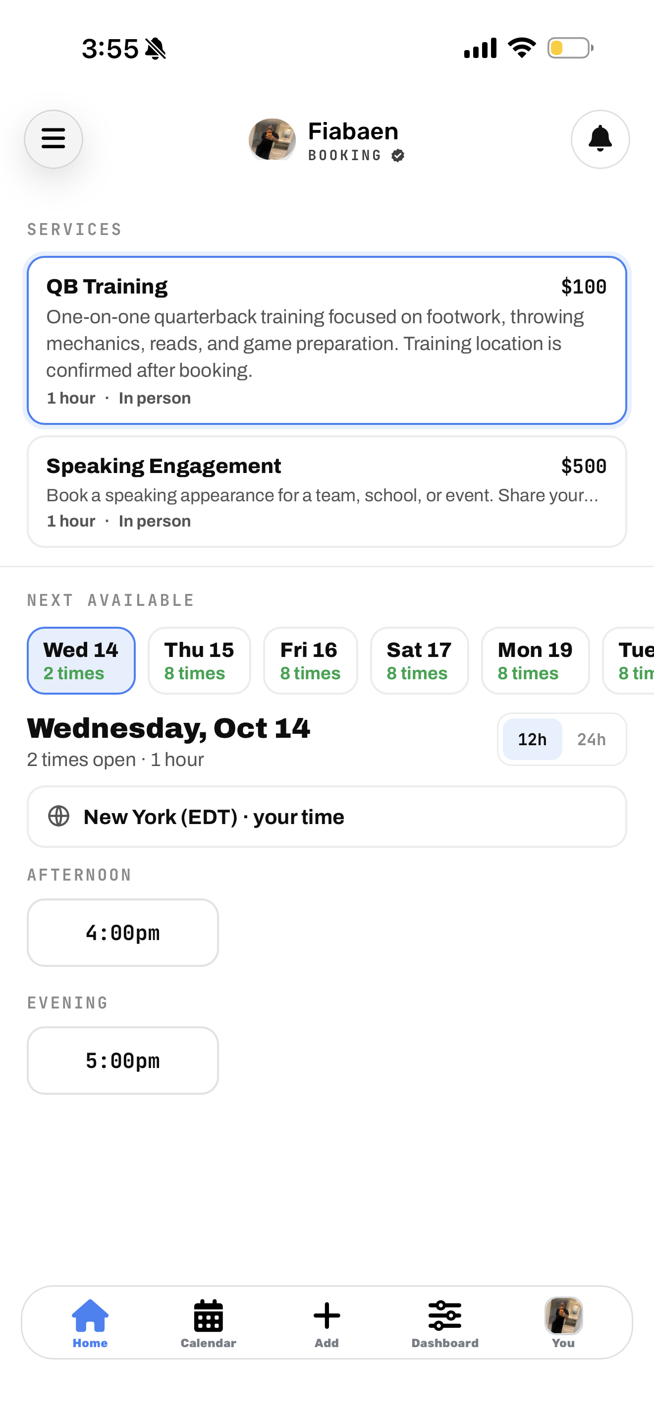 Fiabaen's mobile booking screen showing QB training, speaking engagements, and available times