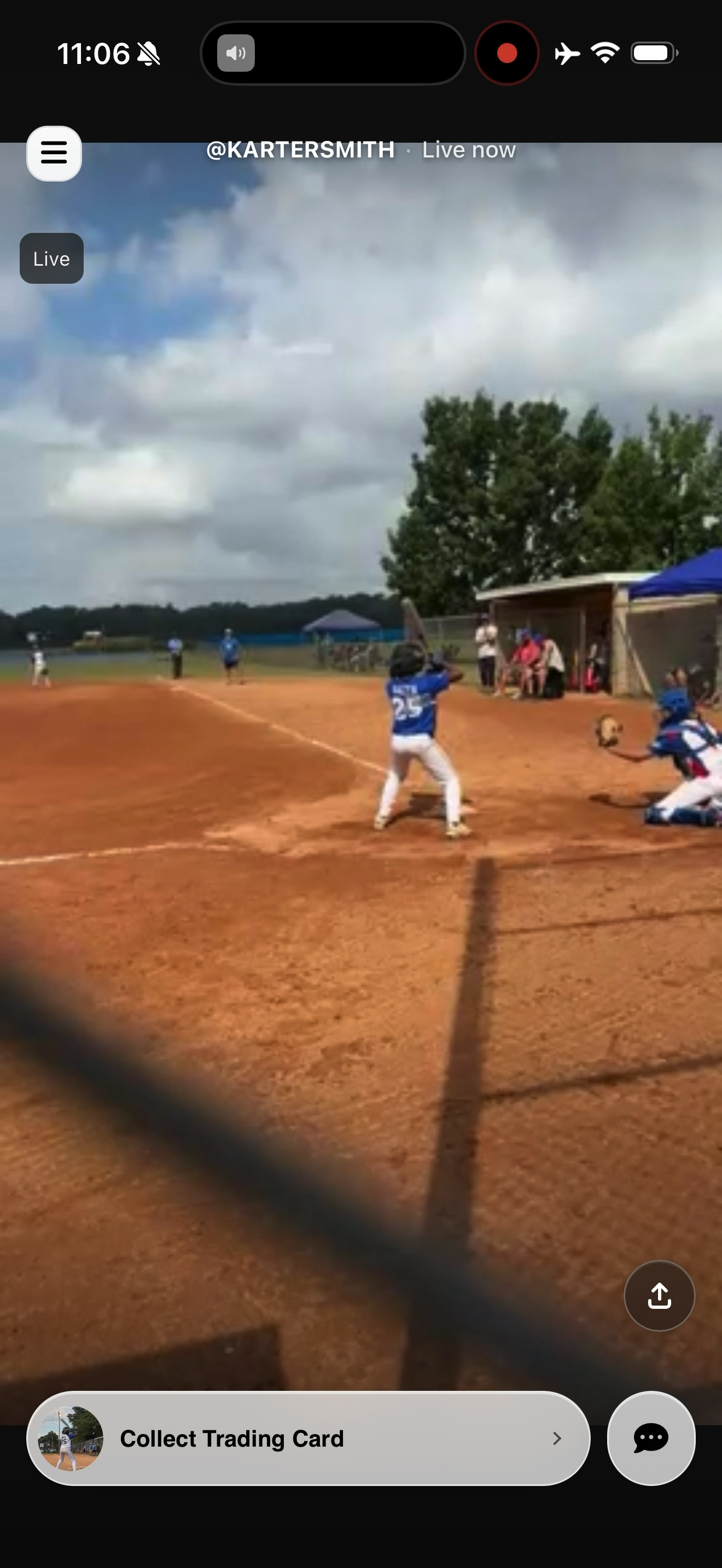 Karter Smith's live baseball stream in the mobile viewer