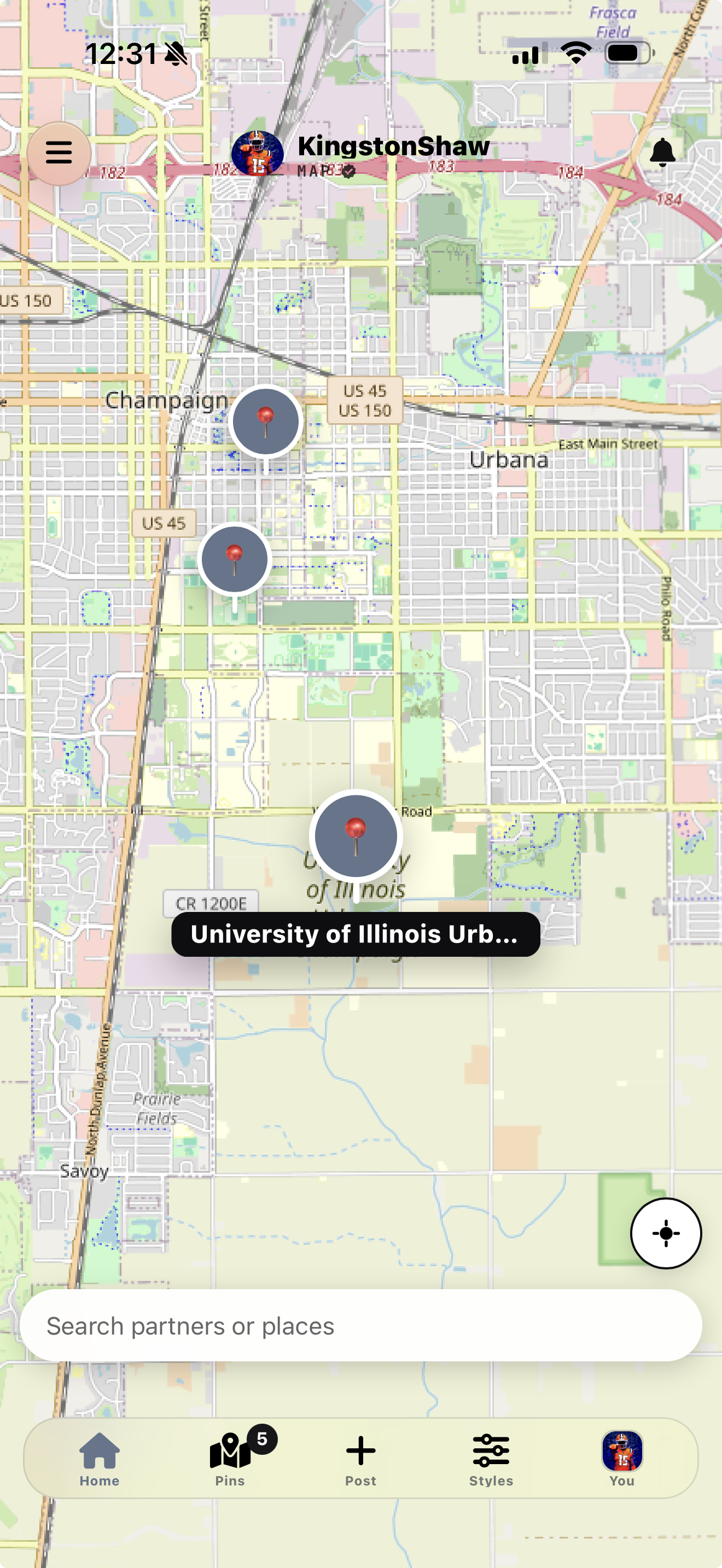 Kingston Shaw's mobile map with pins around the University of Illinois