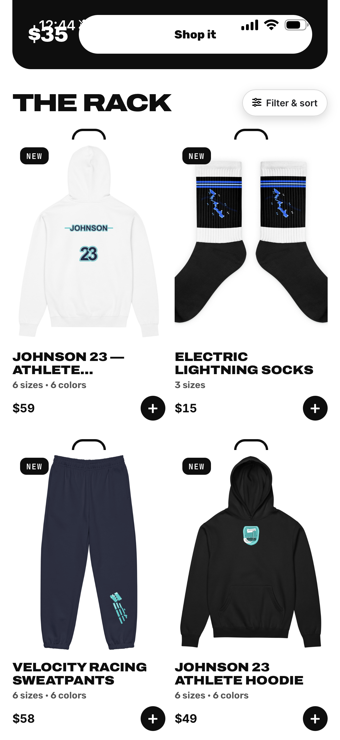 Mobile shop showing Johnson 23 apparel, socks, and other products