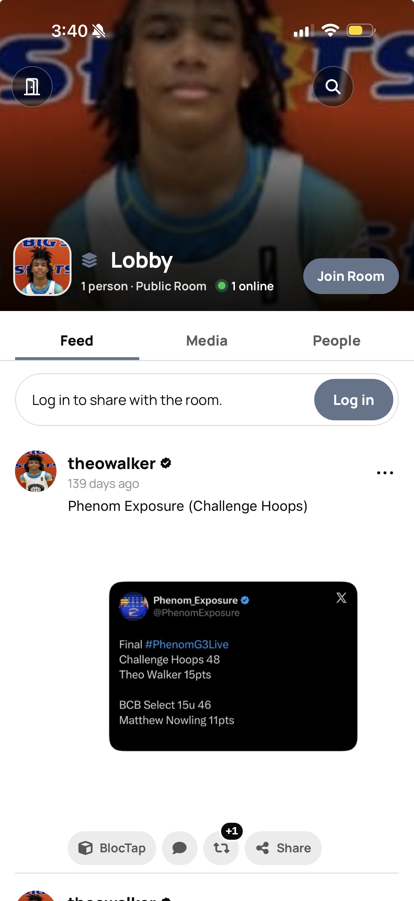 Theo Walker's community Lobby and a real post in his athlete app